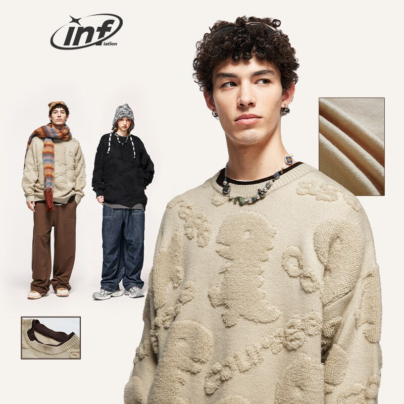 INFLATION Dinosaur Jacquard False Two Pieces Oversized Knitted Sweater