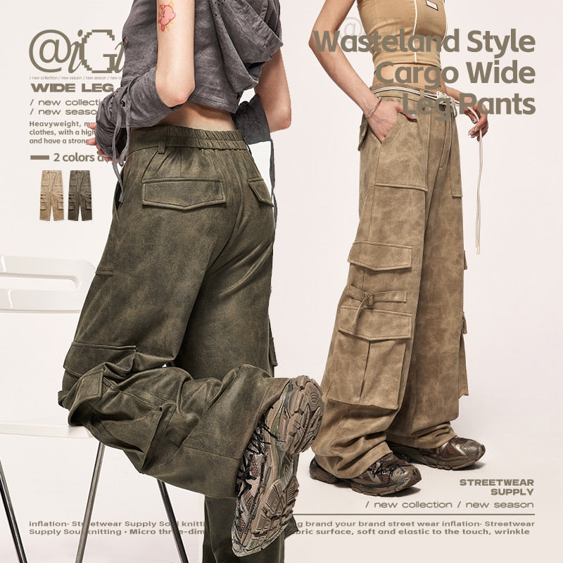 INFLATION Brown Distressed Suede Unisex Cargo Pants