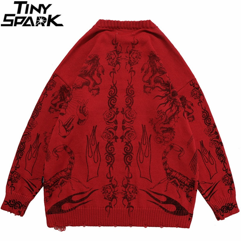 Rose Eye Scorpion Print Ripped Cotton Casual Knitted Sweater