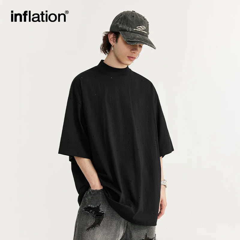 INFLATION Ripped Heavyweight Mock Neck Oversized Cotton T-Shirt