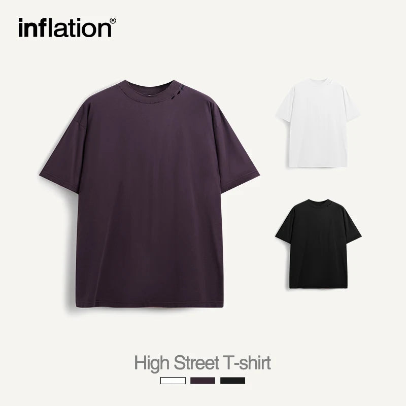 INFLATION Respect Frayed Embroidery Oversized Mock Neck Half Sleeve T-shirt