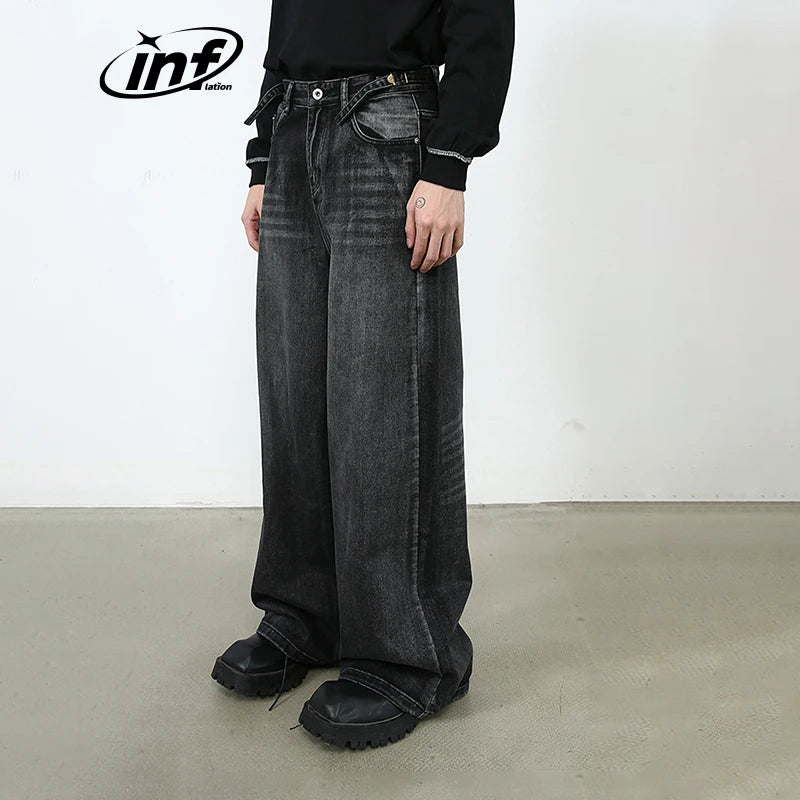 INFLATION Washed Distressed Wide Leg Classic Black Jeans