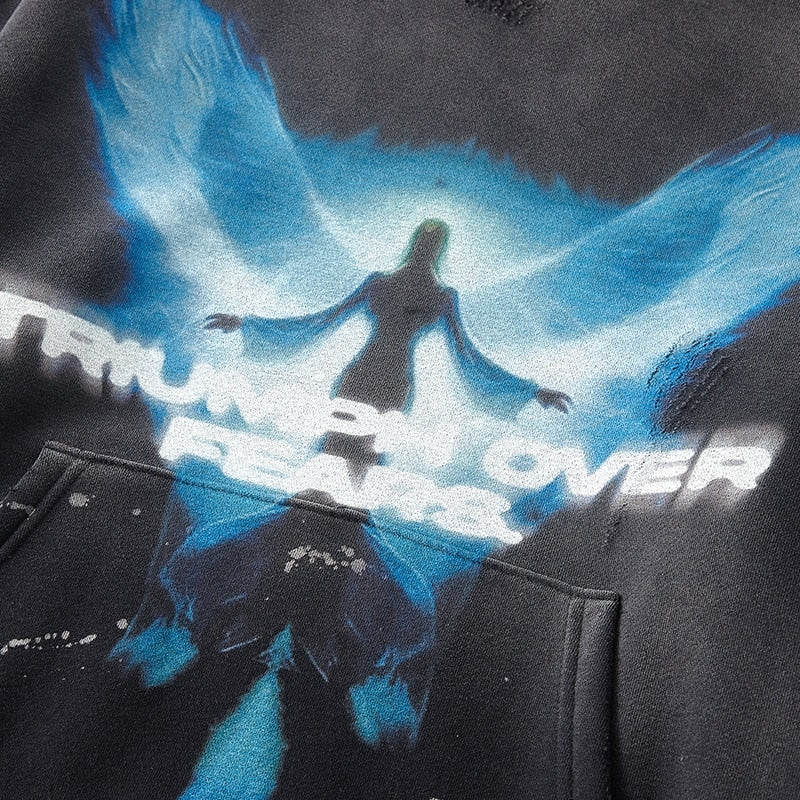 Washed Black Scratch Frayed Angel Graphic Hoodie