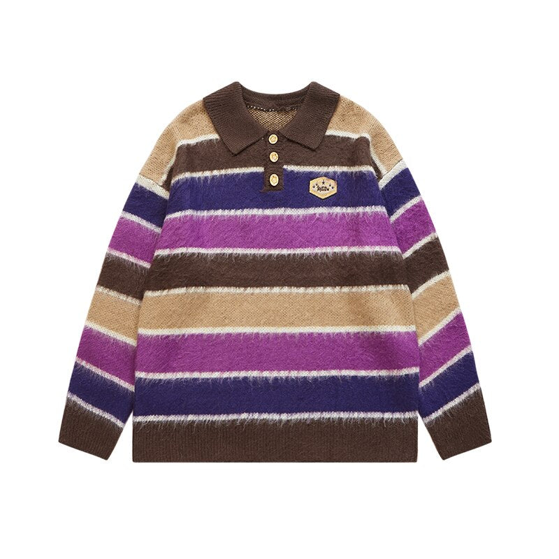 INFLATION Lapel Colorful Stripe Soft Touch Oversized Polo Collar Knitted Sweater