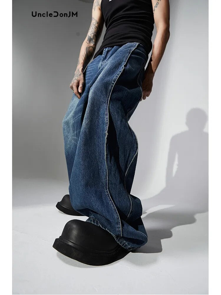 Loose Mopping Design Twisted Wavy Washed Baggy Jeans