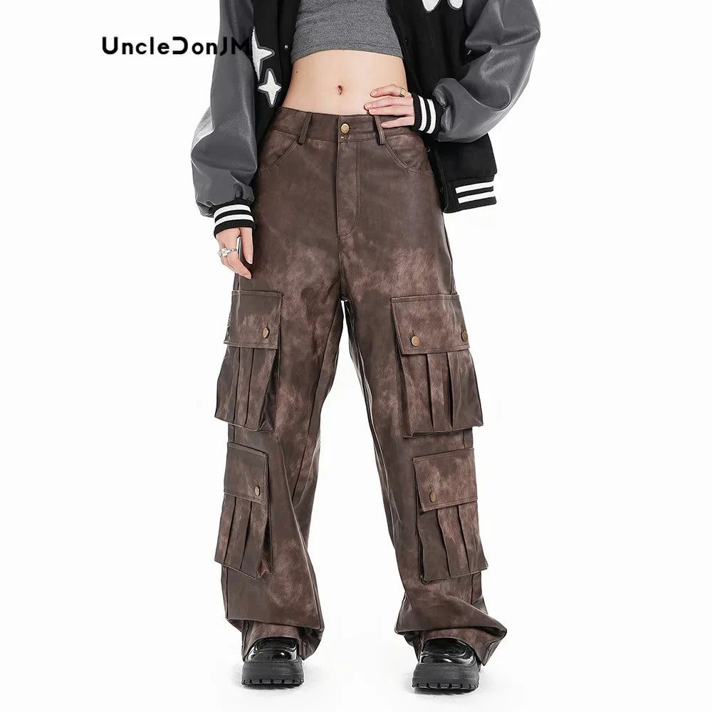 Distressed Multi-pocket Loose Straight-leg Leather Pants