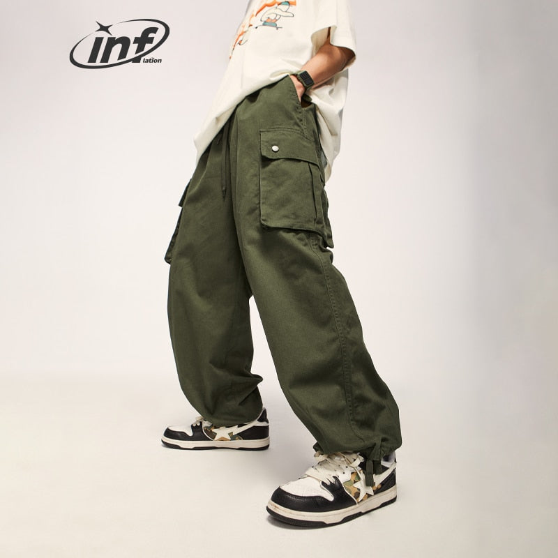 Block Pocket Parachute Drawstring Waist Cargo Pants