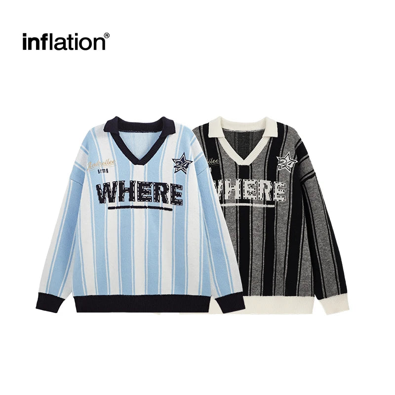 Where Vertical Stripe Retro Sporty Loose Colorblock Knit Sweater