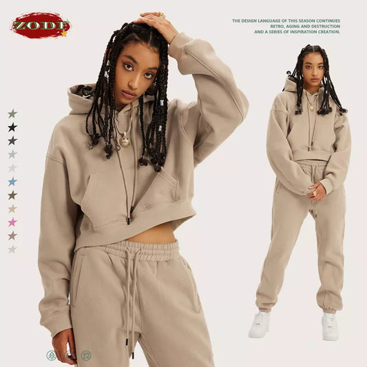 ZODF Solid Color Fleece Cropped Hoodie