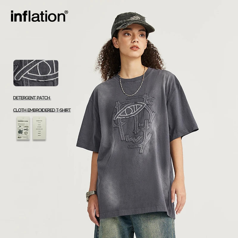 Acid Washed Patch Embroidery T-shirt