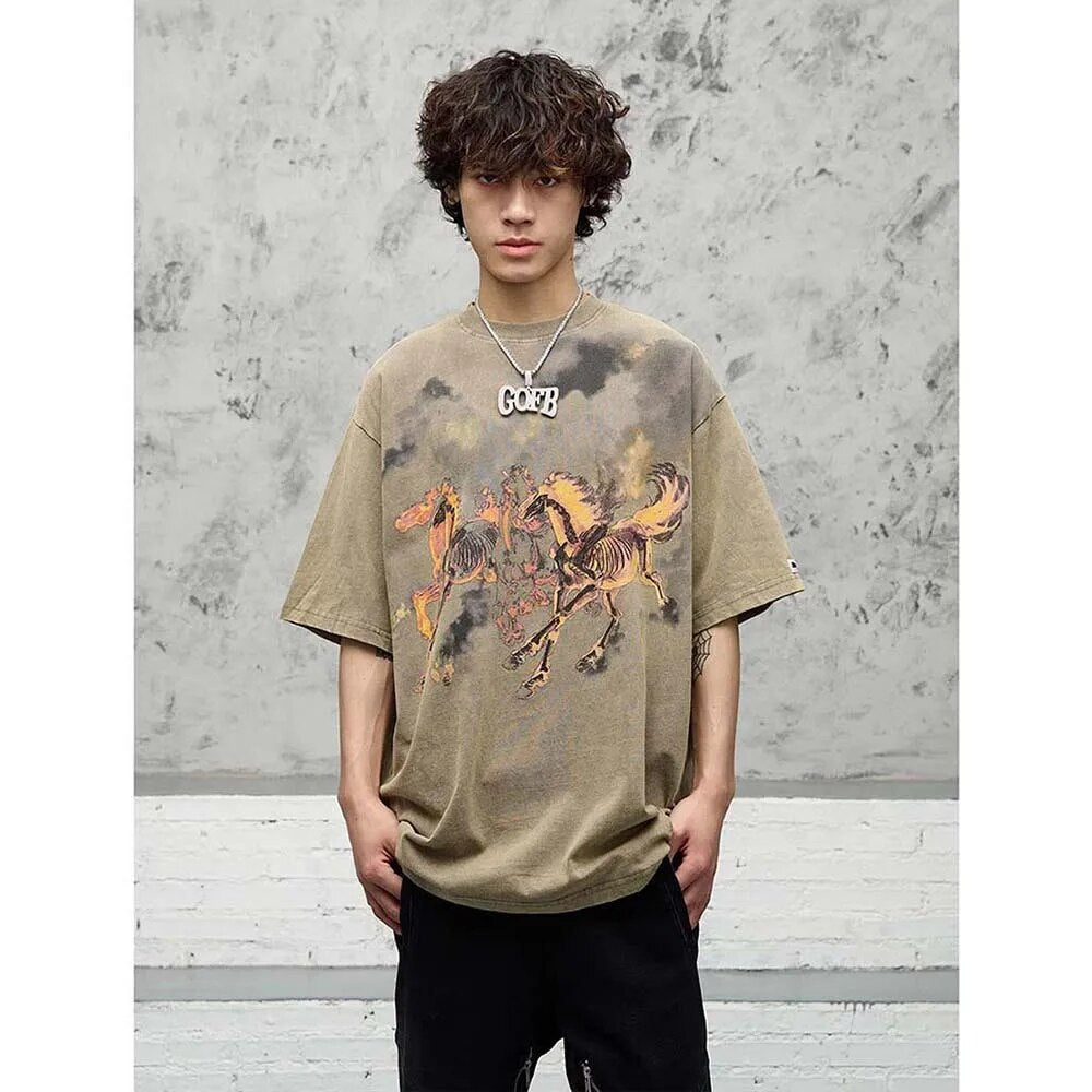 MADE EXTREME Flame horse graphic distressed oversized T-shirt