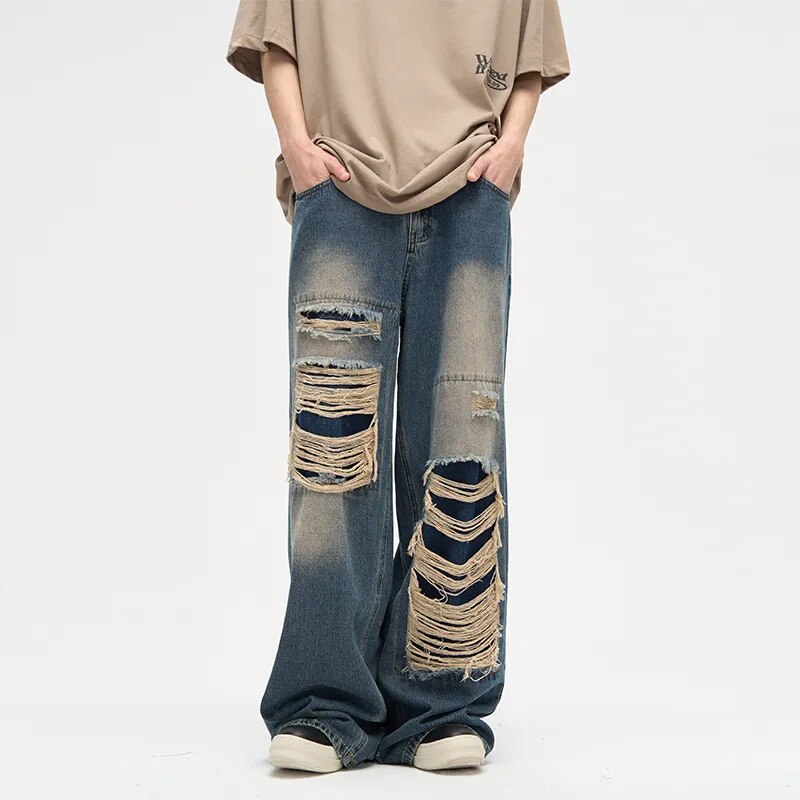 Patch Damaged Design Sense Ripped Wide Leg Jeans