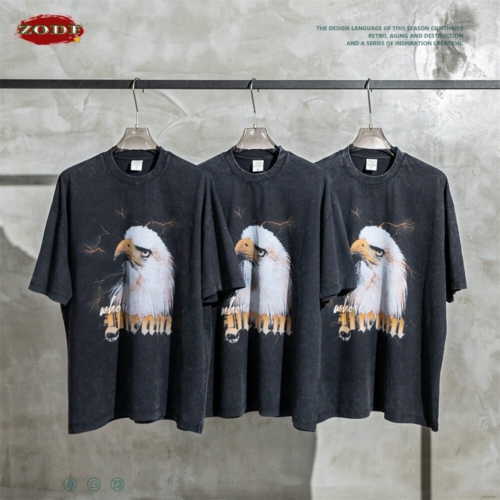 ZODF American Retro Eagle Print Oversized Washed Cotton T-Shirt