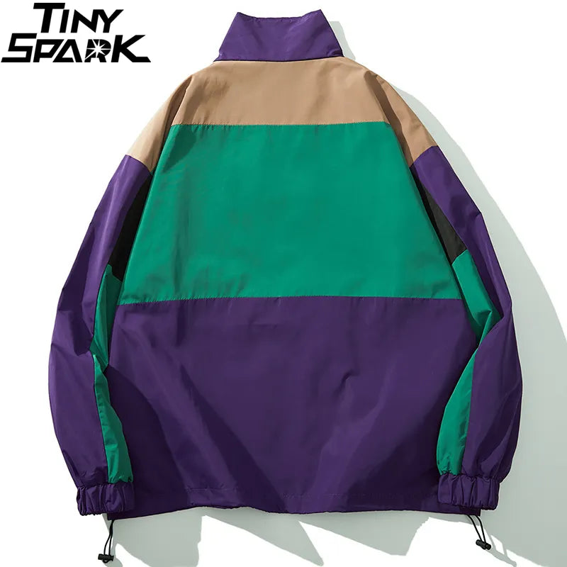 Retro Color Block Patchwork Oversized Windbreaker Jacket