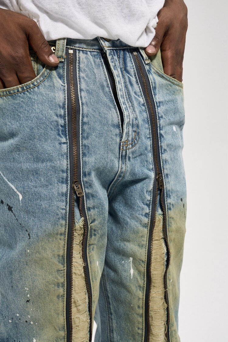Double Zipper Washed Vintage Yellow Distressed Denim Jeans