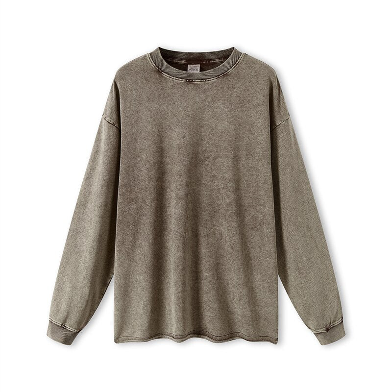 ZODF Washed Terry Cotton Long Sleeve Oversized Loose Edge T-Shirt