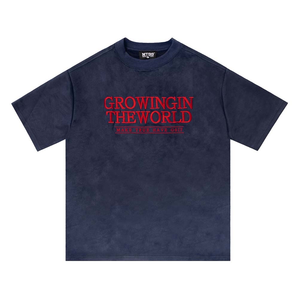 Growing In The World Embroidered Suede Short-sleeved T-Shirt