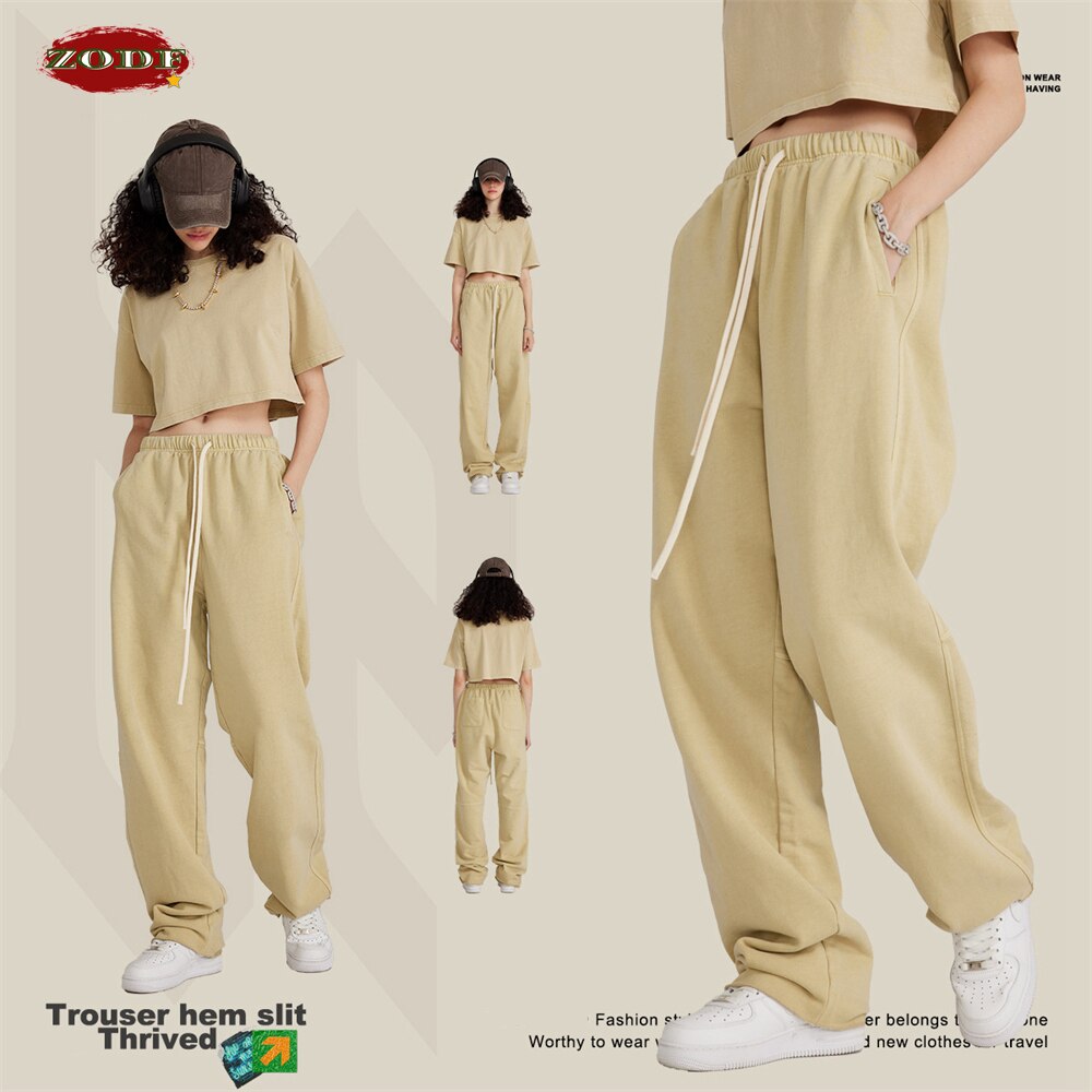 ZODF Retro Cotton Loose Edge Oversized Straight Washed Sweatpant