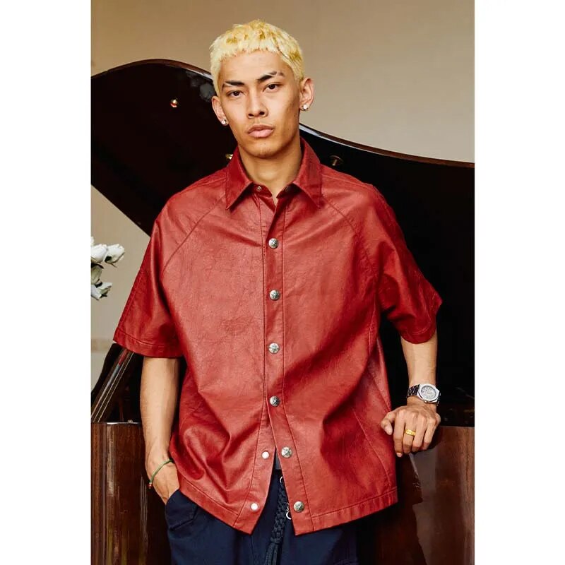 Red Leather Short Sleeve Shirt