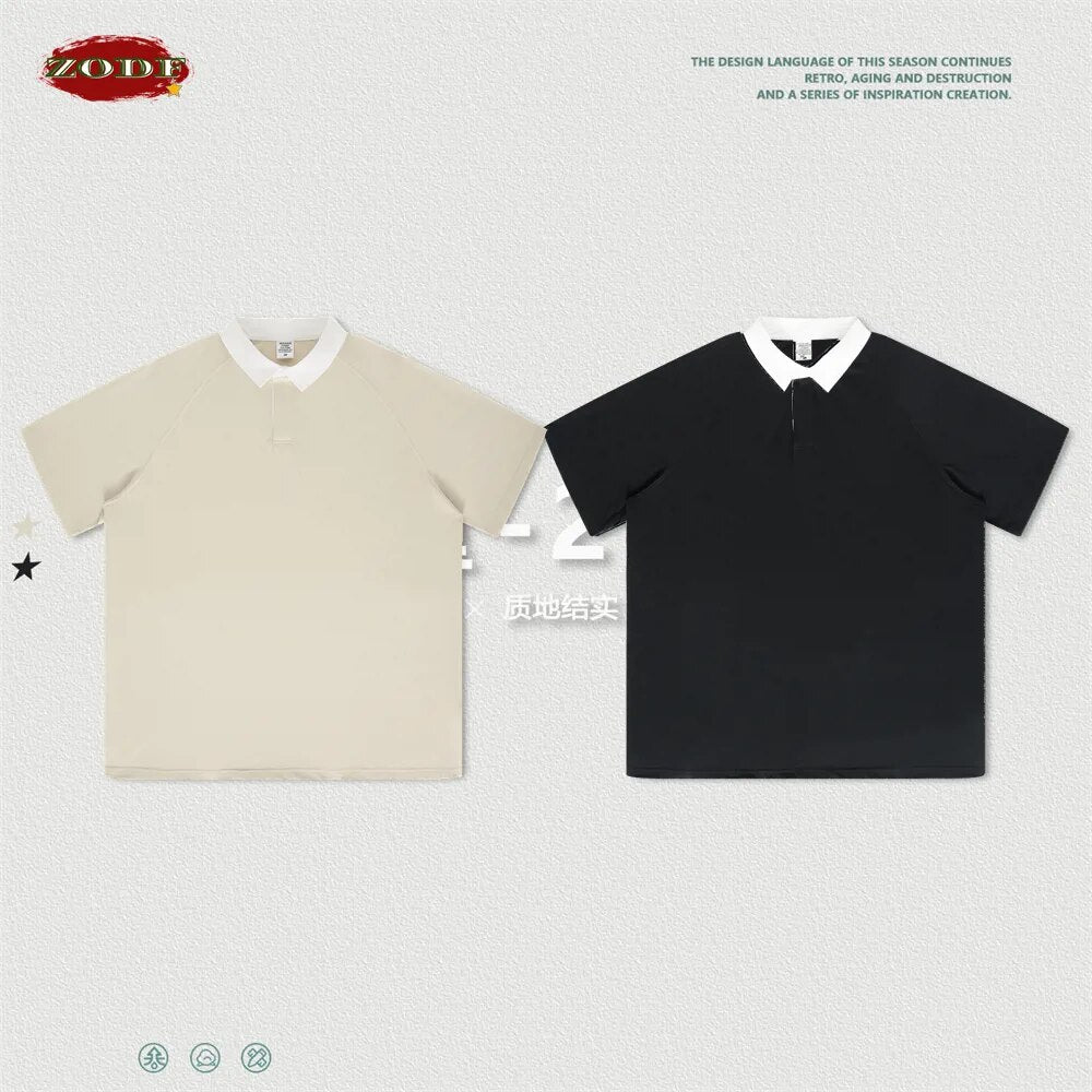 ZODF Raglan Sleeve Cotton Loose Polo Collar T-Shirt