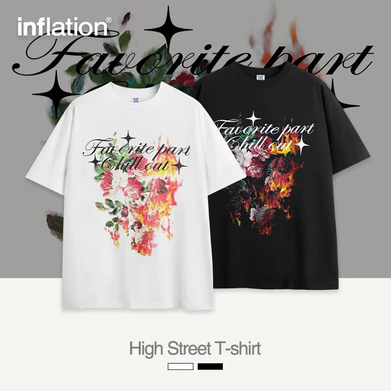 220gsm Flame Floral Printed Graphic Black T-shirt