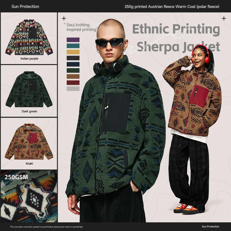 INFLATION Ethnic Printing Stand Collar Soft Touch Warm Fleece Inner Sherpa Jacket