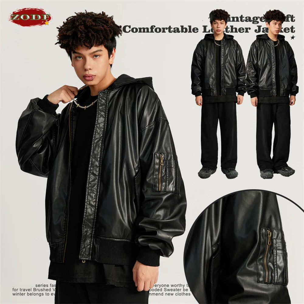 ZODF Leather Detachable Hood Biker Jacket