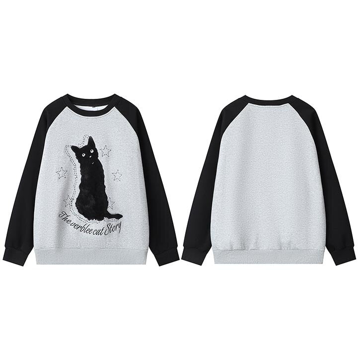 Retro Patchwork Black Cat Graphic Sweatshirt