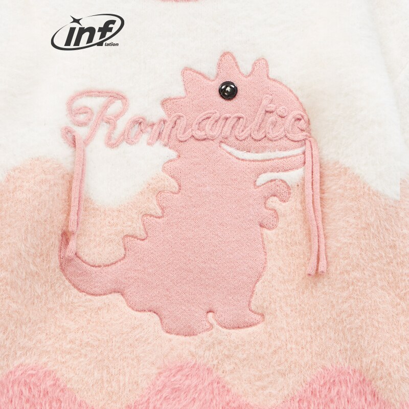 INFLATION Romantic Dinosaur Embroidery Colorblock Knitted Sweater