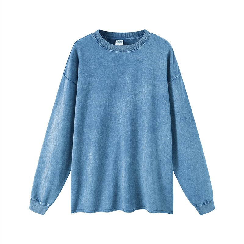 ZODF Washed Terry Cotton Long Sleeve Oversized Loose Edge T-Shirt
