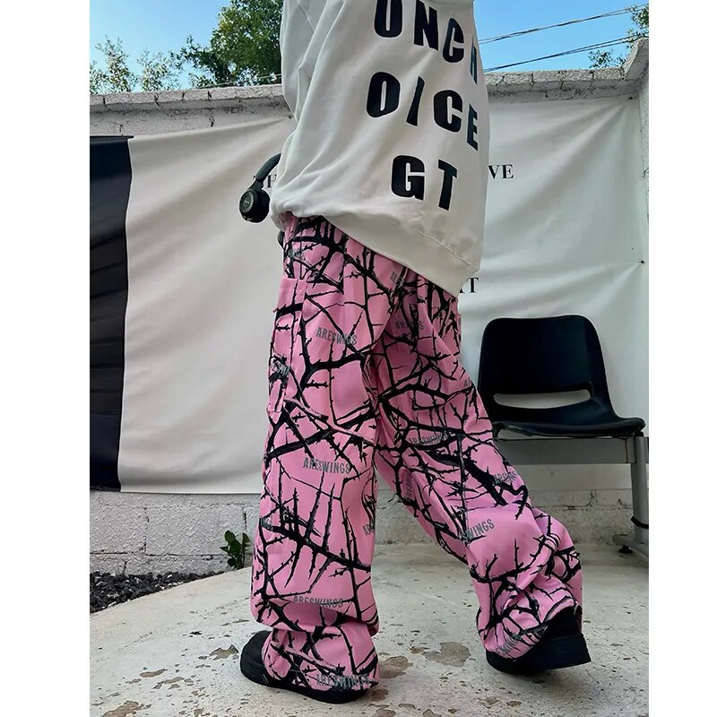 Pink Thorn Branch Printed Camouflage Cargo Pants