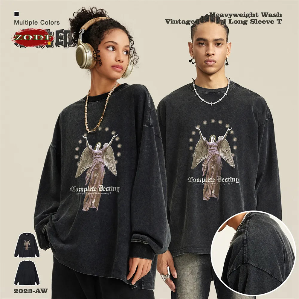 ZODF Angel Graphic Long Sleeve Washed Cotton T-Shirt