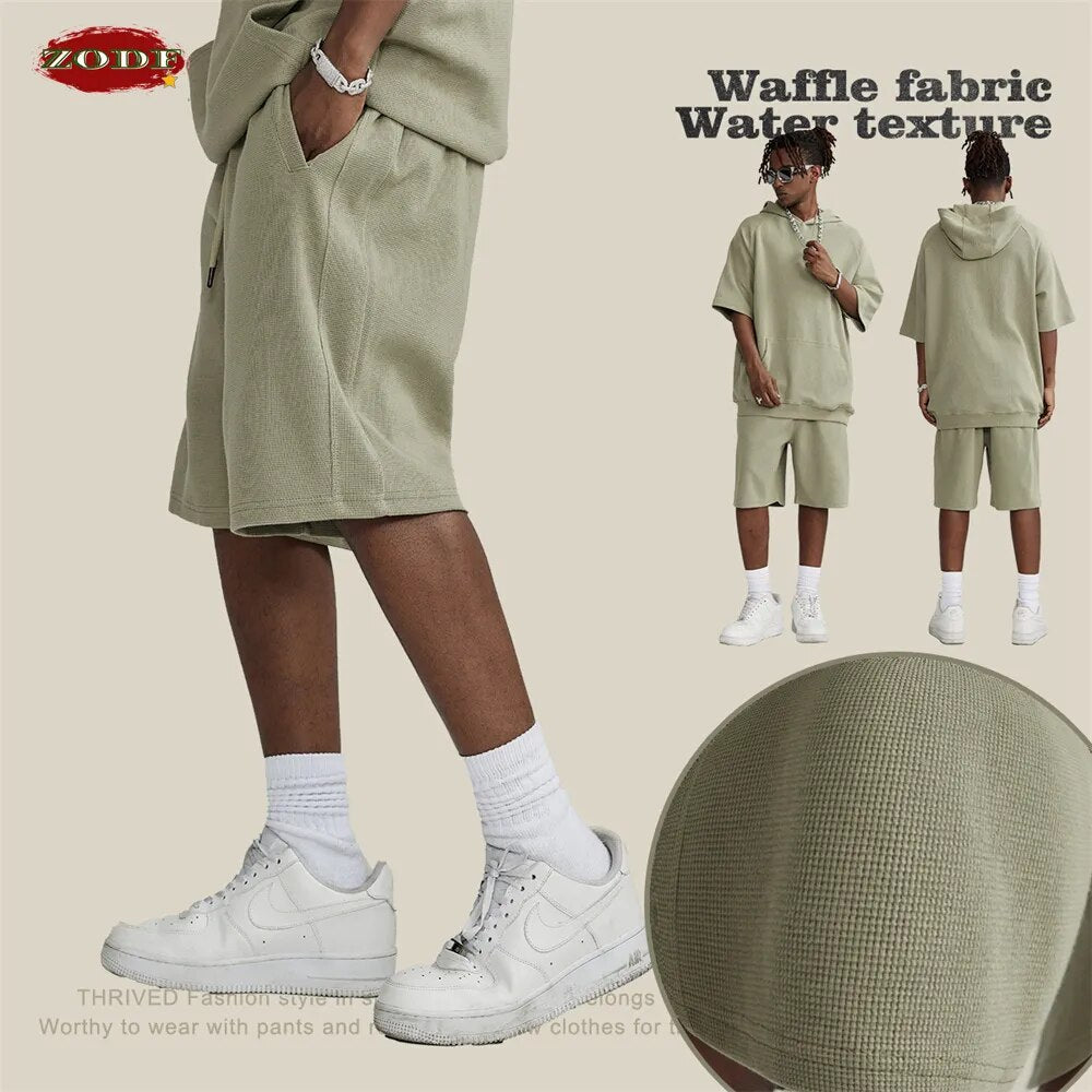 ZODF Drawstring Breathable Solid Waffle Shorts