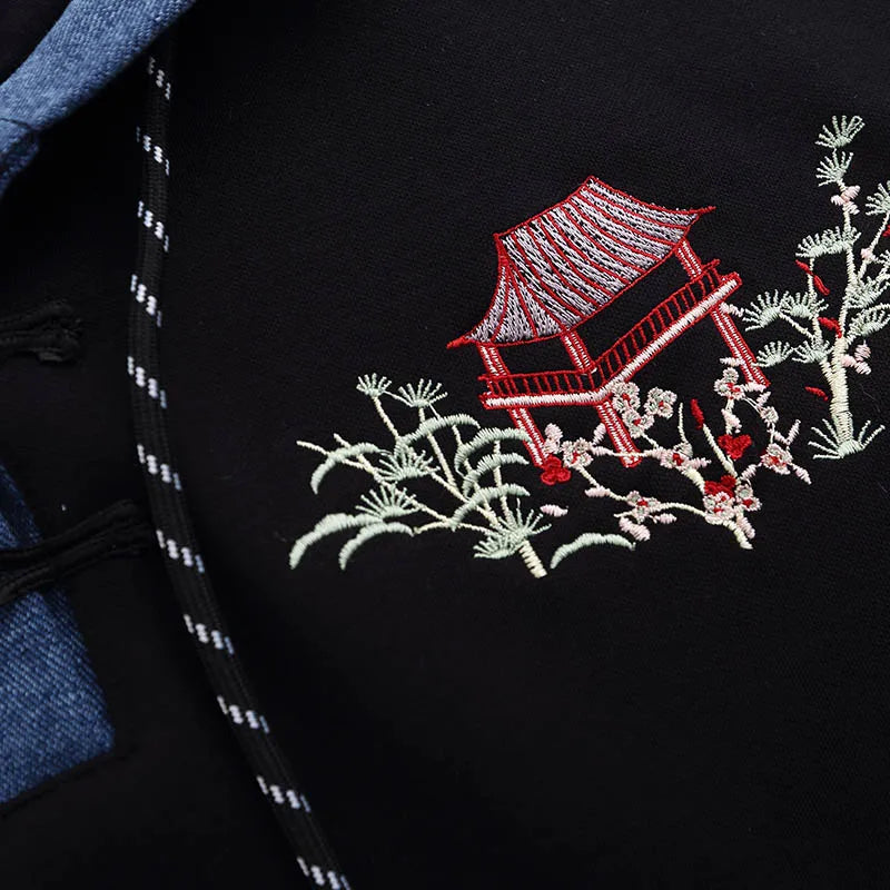 Embroidery Crane Bridge Floral Patchwork Hoodie