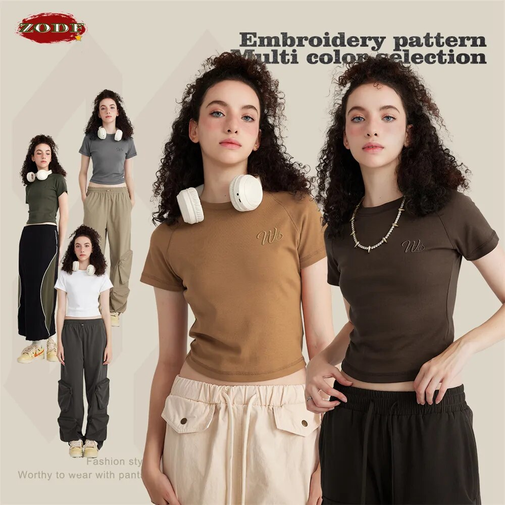 ZODF Slim Fit Embroidery Raglan Sleeve Short Crop Top