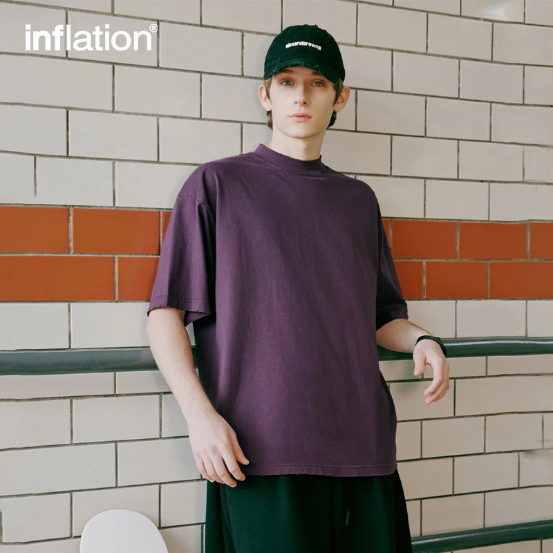 INFLATION Respect Frayed Embroidery Oversized Mock Neck Half Sleeve T-shirt