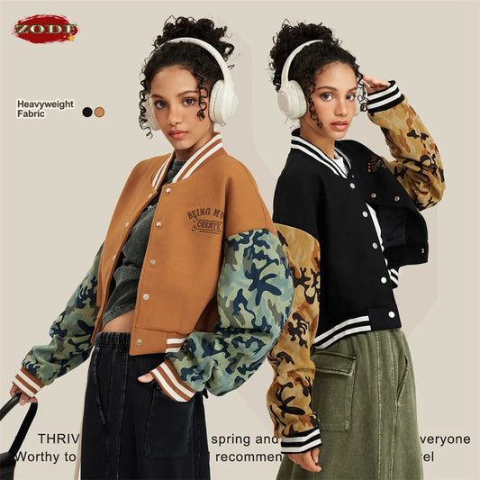 ZODF Camouflage Sleeve Patchwork Baseball Jacket