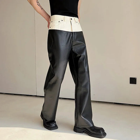 IEFB Designer Leather Color Contrast Versatile Wide Leg Pants
