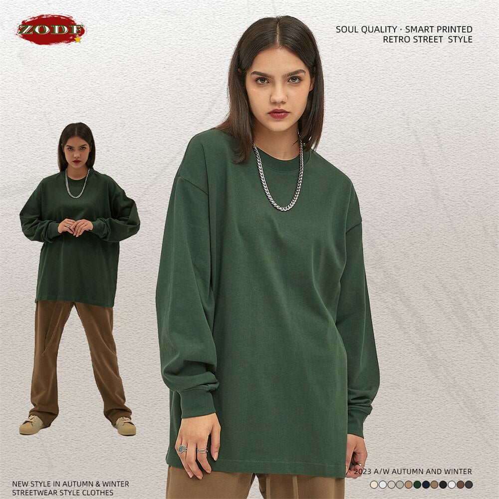 ZODF Loose Heavy Weight Basic Long Sleeve Solid Cotton T-Shirts