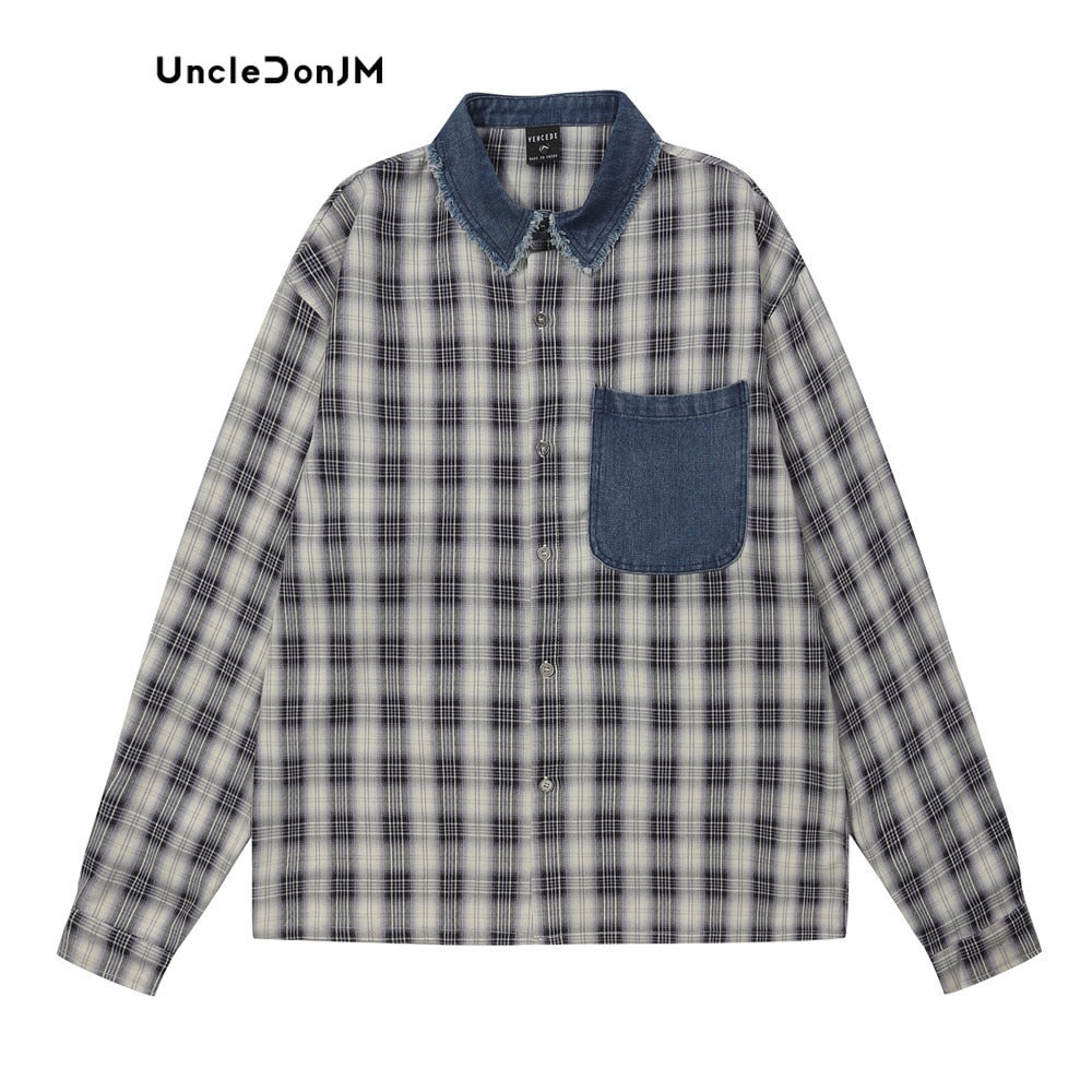 UncleDonJM Patch Letter Embroidered Long Sleeve Plaid Shirt