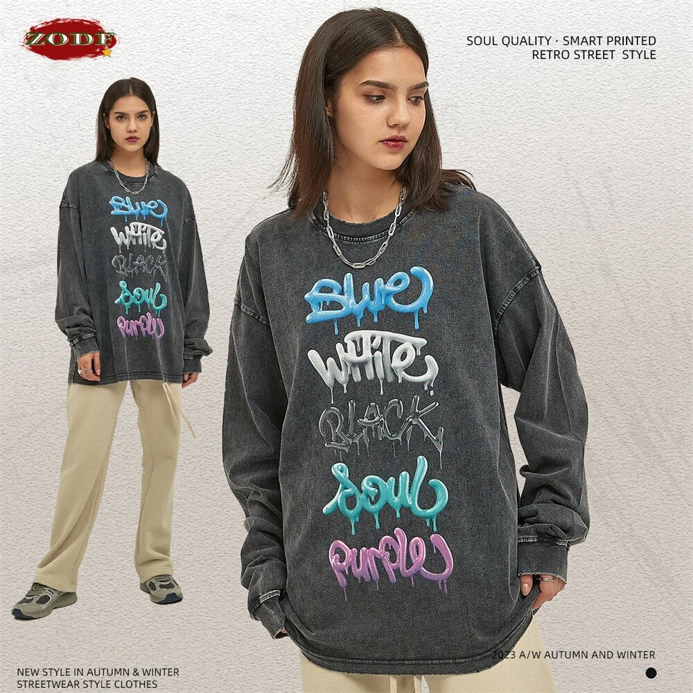 ZODF Washed Long Sleeve Letter Graphic Cotton T-Shirt