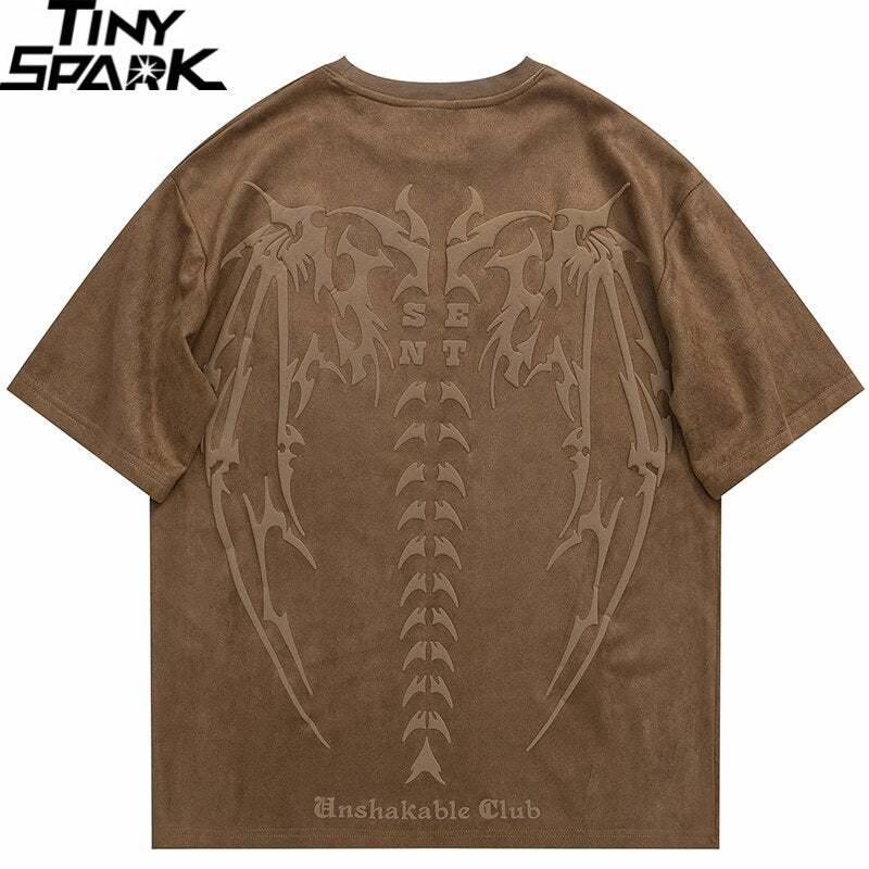 Devil Wings Skeleton Graphic Suede T-Shirt