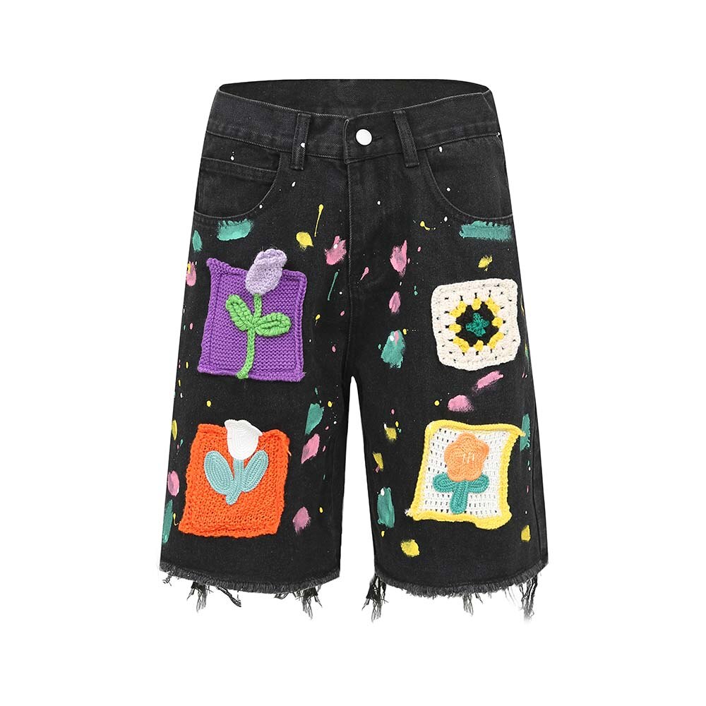 Graffiti patches baggy denim shorts