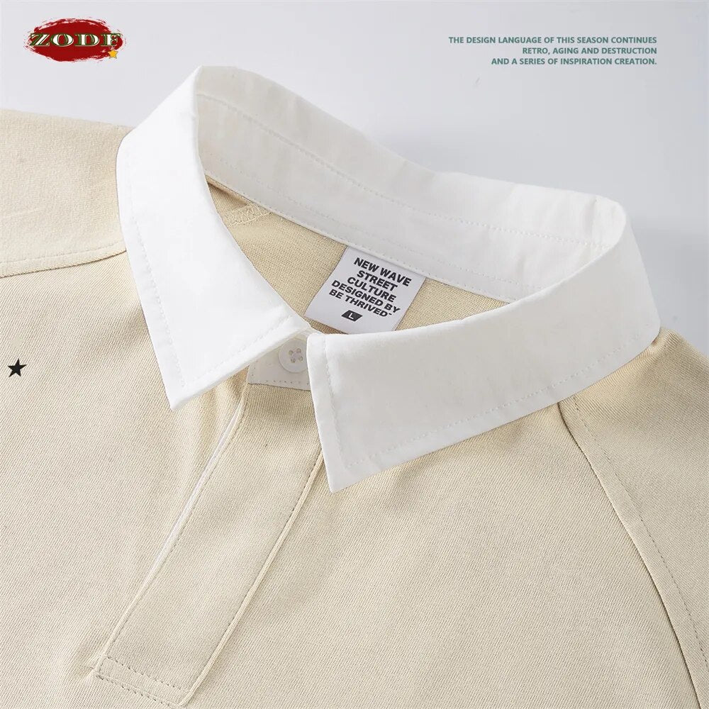 ZODF Raglan Sleeve Cotton Loose Polo Collar T-Shirt