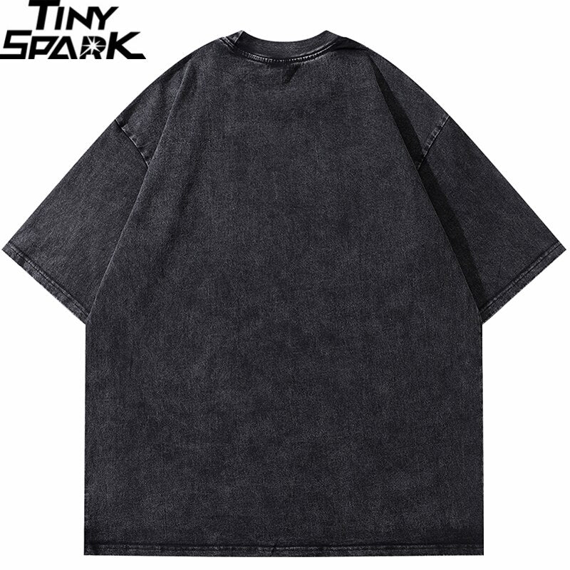 Retro Washed Black Robot Graphic Cotton Oversize T-shirt