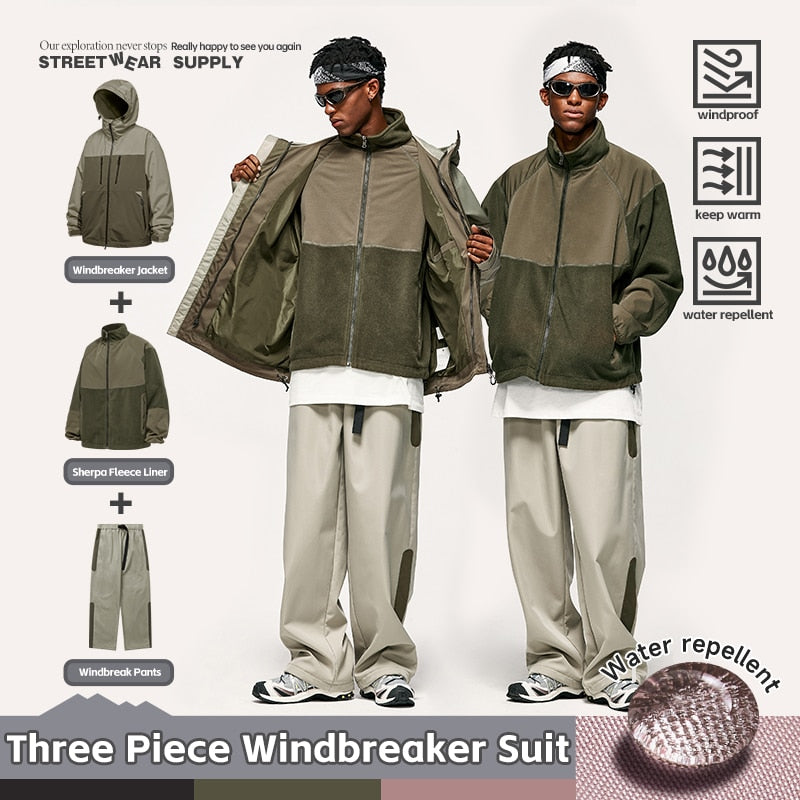 INFLATION Winter Thick Warm Windbreaker 3-in-1 Heavyweight Detachable Outer Coat and Fleece Pants Set