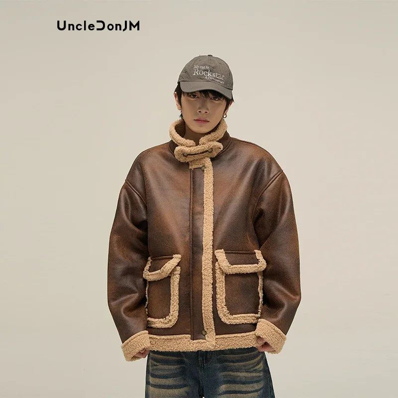 Integrated Fur Colour Block Leather Jacket