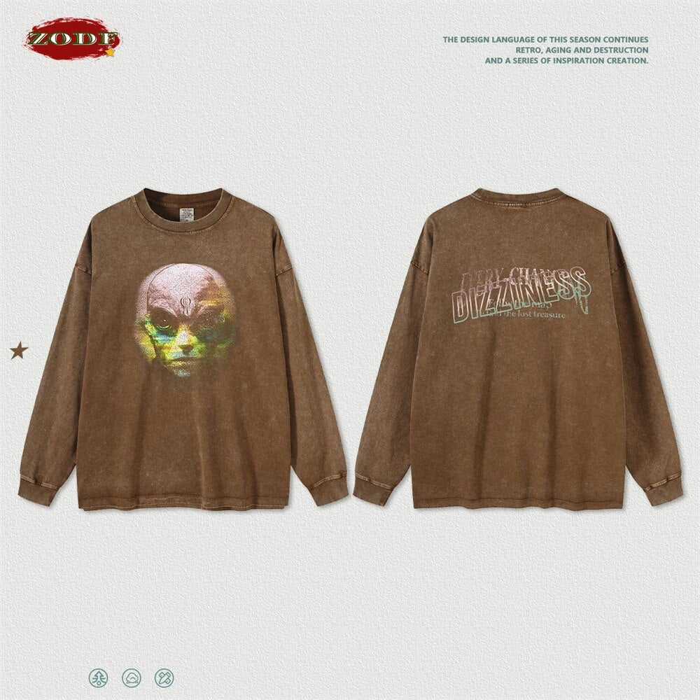 ZODF Alien Graphic Long Sleeve Washed  Cotton T-Shirt