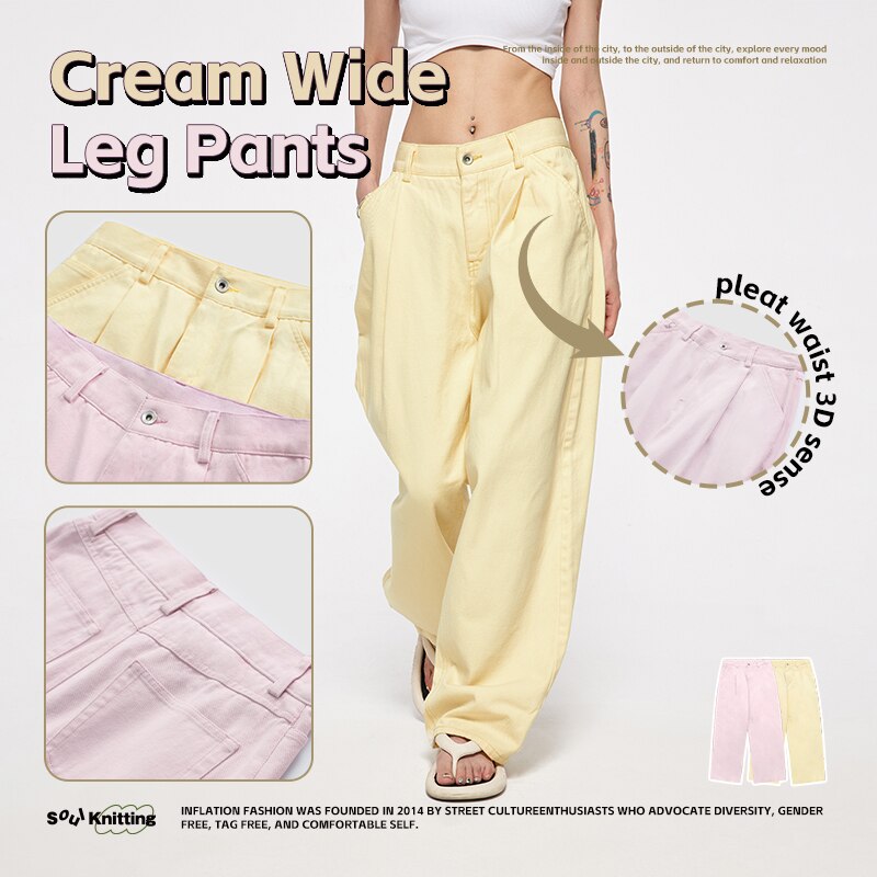 INFLATION Solid Color Wide-leg Denim Pants
