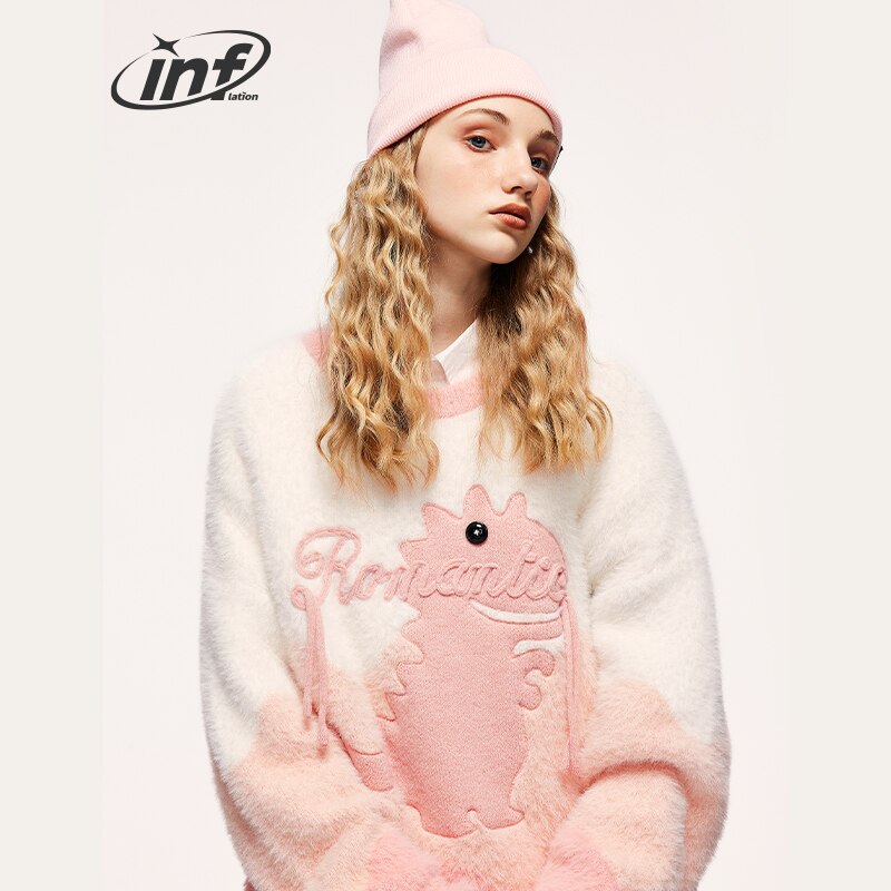 INFLATION Romantic Dinosaur Embroidery Colorblock Knitted Sweater